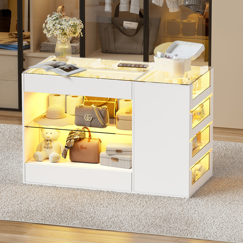 Wrought Studio Dresser With 8 Drawers Walk In Closet Island Jewelry Storage With Glass Top Display Open Storage And Led Light Wayfair